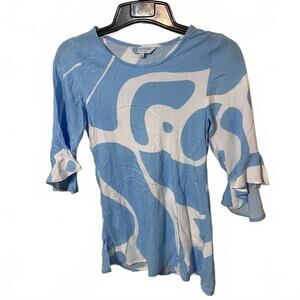 Escapada LIVING Baby Blue Artsy Abstract Ruffle Coastal Boho Chic Sleeve Top XS